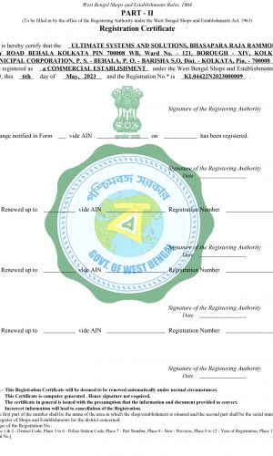 This is a Registration Certificate for Shop/Establishment situated in West Bengal